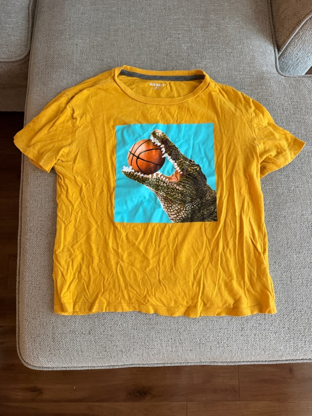 Old Navy Mustard Yellow Tee with Crocodile & Basketball Graphic